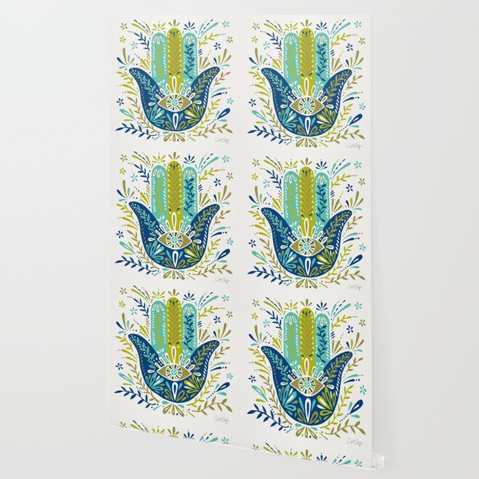 Hamsa Hand Lime Turquoise Navy Palette Wallpaper By Catcoq