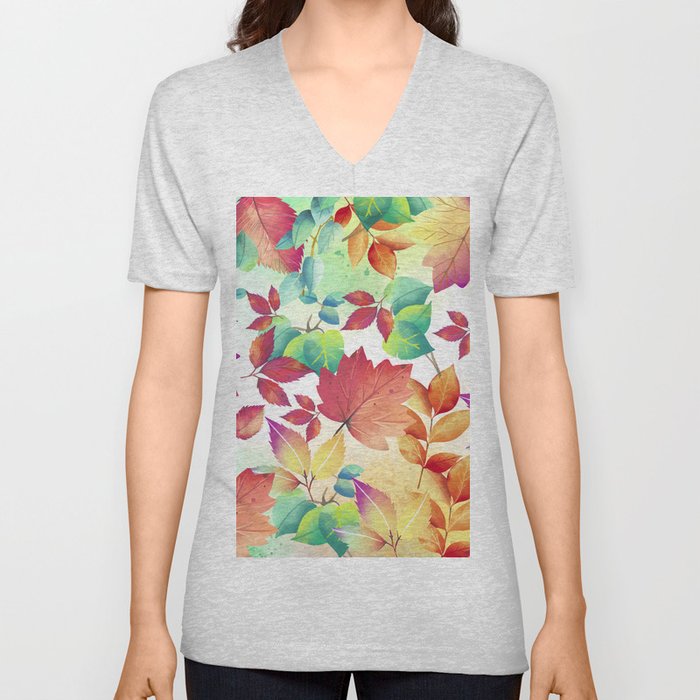 Watercolor Autumn Leaves V Neck T Shirt