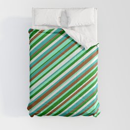 [ Thumbnail: Colorful Light Sea Green, Brown, Aquamarine, Green & Mint Cream Colored Lined/Striped Pattern Comforter ]