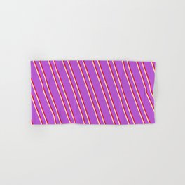 [ Thumbnail: Orchid, Crimson, and Beige Colored Lined/Striped Pattern Hand & Bath Towel ]