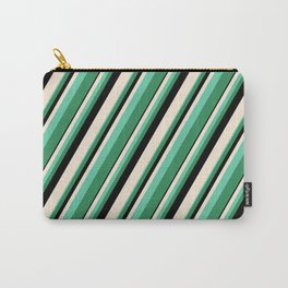 [ Thumbnail: Beige, Aquamarine, Sea Green, and Black Colored Lined/Striped Pattern Carry-All Pouch ]