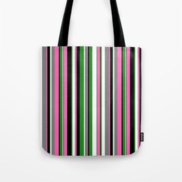 [ Thumbnail: Eyecatching Black, Hot Pink, Gray, White, and Forest Green Colored Stripes/Lines Pattern Tote Bag ]
