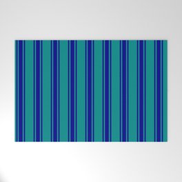 [ Thumbnail: Dark Cyan & Dark Blue Colored Lines/Stripes Pattern Welcome Mat ]