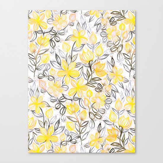Sunny Yellow Crayon Striped Summer Floral Canvas Print