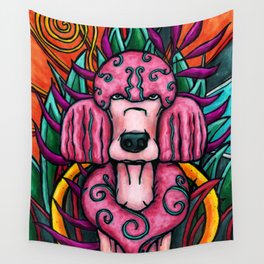 Pink poodle in colorful jungle, quirky dog painting Wall Tapestry