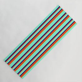 [ Thumbnail: Aquamarine, Blue & Red Colored Striped/Lined Pattern Yoga Mat ]