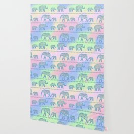 Elephant Family on Pale Stripes Wallpaper