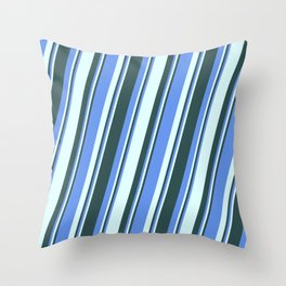 [ Thumbnail: Cornflower Blue, Light Cyan, and Dark Slate Gray Colored Pattern of Stripes Throw Pillow ]