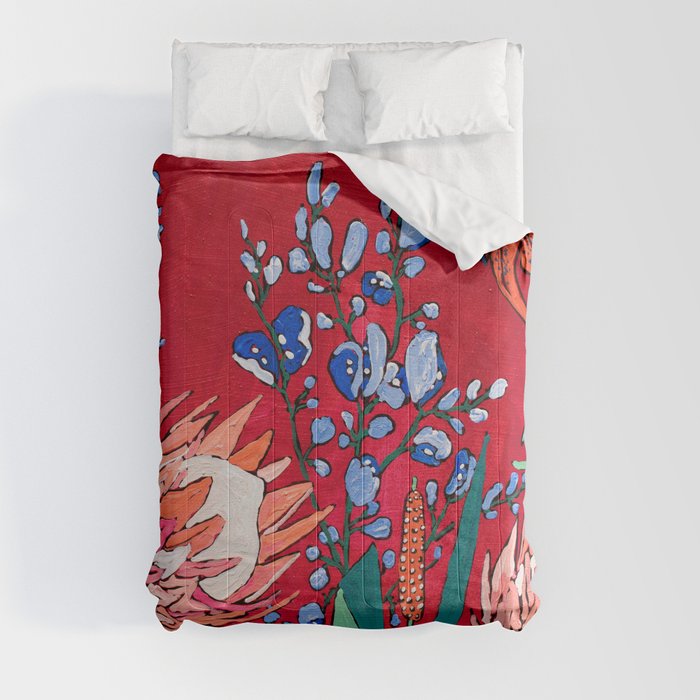 Red and Blue Floral with Peach Proteas Comforter