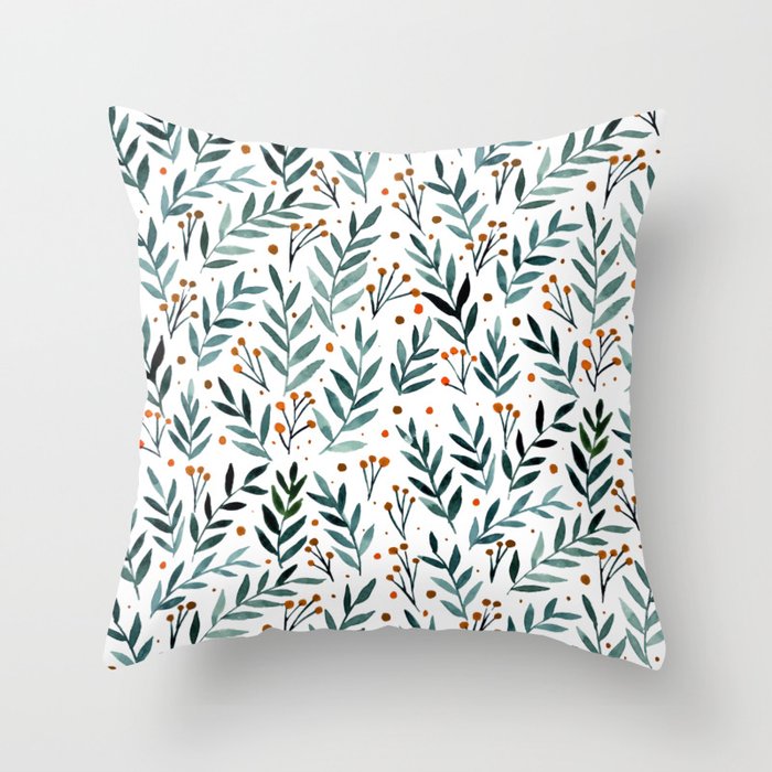 Festive watercolor branches - sage and orange Throw Pillow