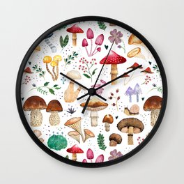Watercolor forest mushroom illustration and plants Wall Clock