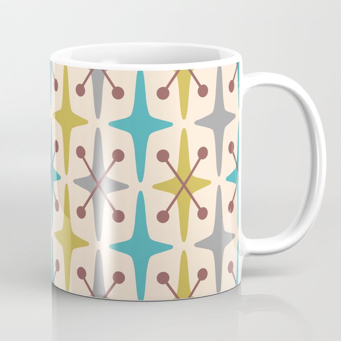 Mid Century Modern Scandinavian Abstract Star Pattern 441 Gray Brown Turquoise Olive Green Coffee Mug