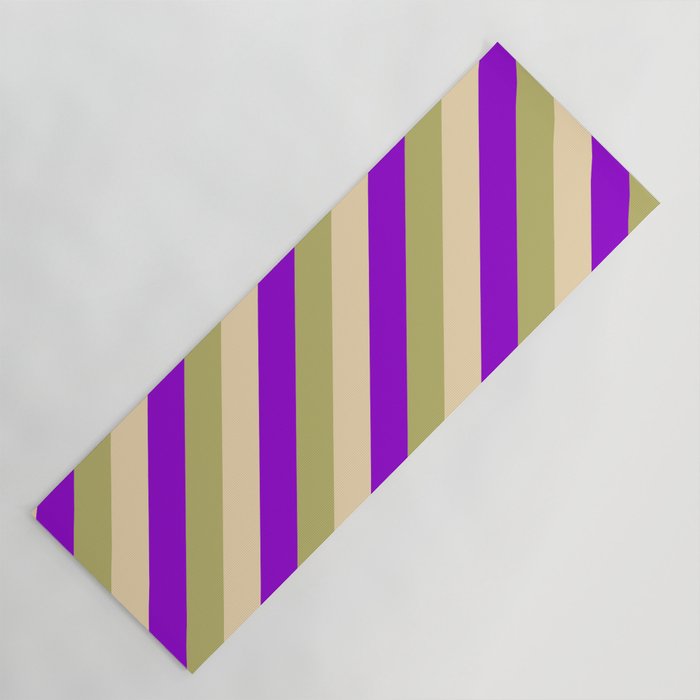 Dark Khaki, Tan, and Dark Violet Colored Striped Pattern Yoga Mat