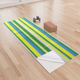 [ Thumbnail: Lavender, Forest Green, Blue & Yellow Colored Striped Pattern Yoga Towel ]