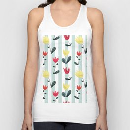 Watercolor Hand Drawn Flowers on Pastel Mint Green Blue and White Striped Unisex Tank Top