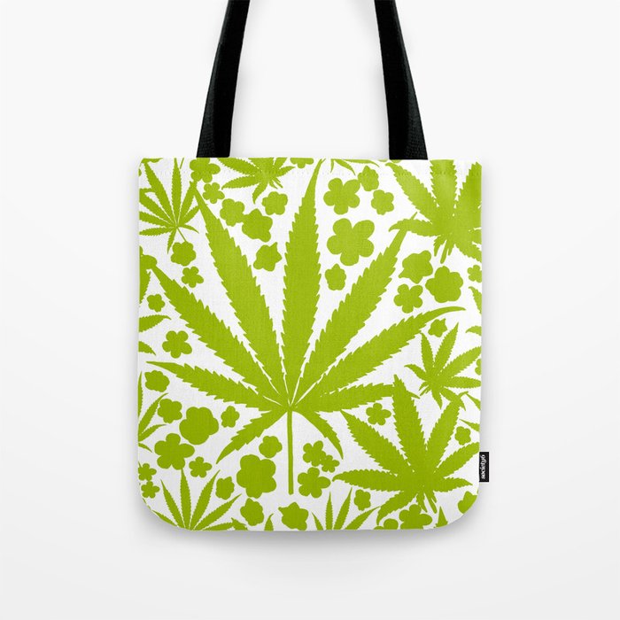 Modern Cannabis And Flowers Green On White Tote Bag