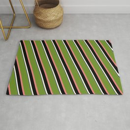 [ Thumbnail: Eyecatching Green, Light Coral, Black, Beige, and Dark Blue Colored Lined/Striped Pattern Rug ]