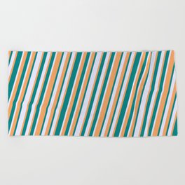 [ Thumbnail: Brown, Teal, and Lavender Colored Lined Pattern Beach Towel ]