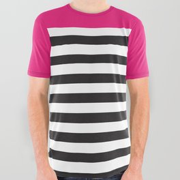 Hot Pink Magenta and Black and White Stripe All Over Graphic Tee