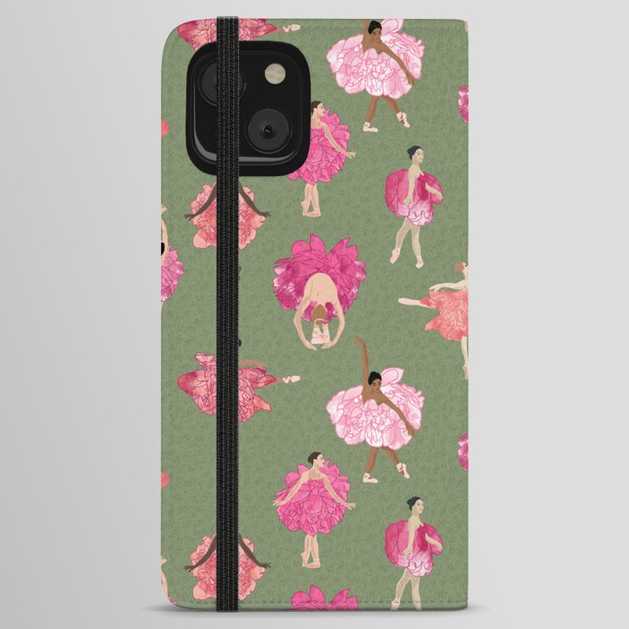 Dance of the Peonies on green iPhone Wallet Case