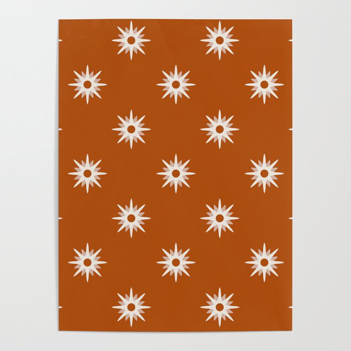 Orange atomic mid century white stars pattern Poster