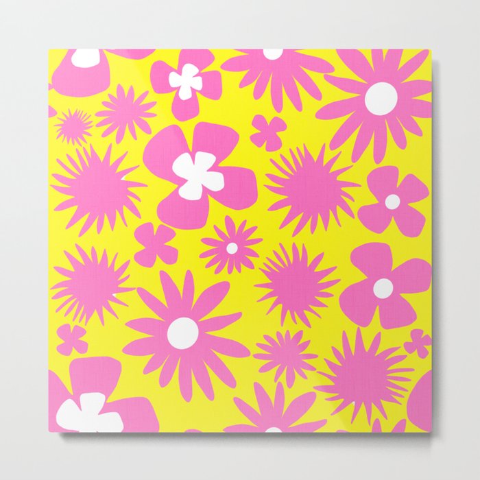 Retro Pop Art Flowers Pink and Yellow Metal Print
