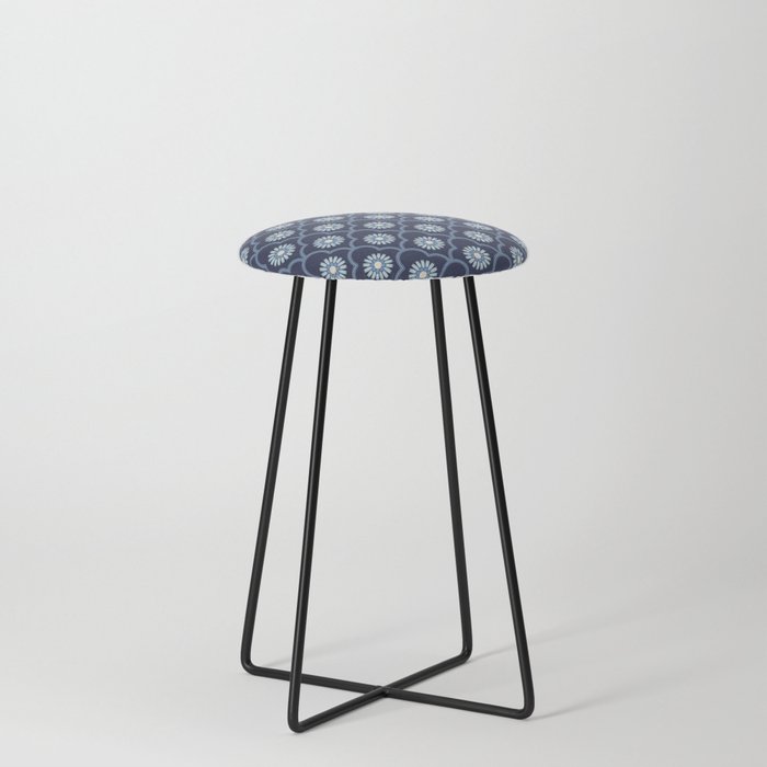Ethnic Ogee Floral Pattern Blue Counter Stool