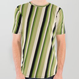 [ Thumbnail: Green, Dark Khaki, Beige & Black Colored Stripes/Lines Pattern All Over Graphic Tee ]