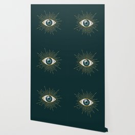 Gold and Teal Green Evil Eye on Dark Teal Background Wallpaper