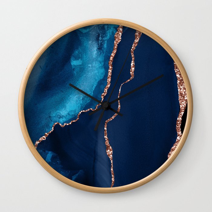 Elegant Blue, Azure, & Rose Gold Luxurious Agate Marble Wall Clock