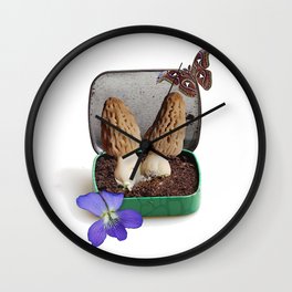Spring Morel Mushrooms with Tin, Moth and Violets Wall Clock