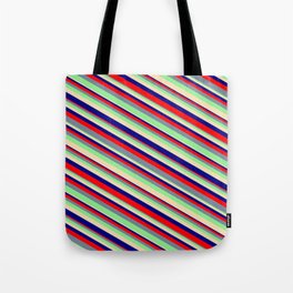 [ Thumbnail: Tan, Blue, Red, Light Slate Gray, and Light Green Colored Stripes/Lines Pattern Tote Bag ]