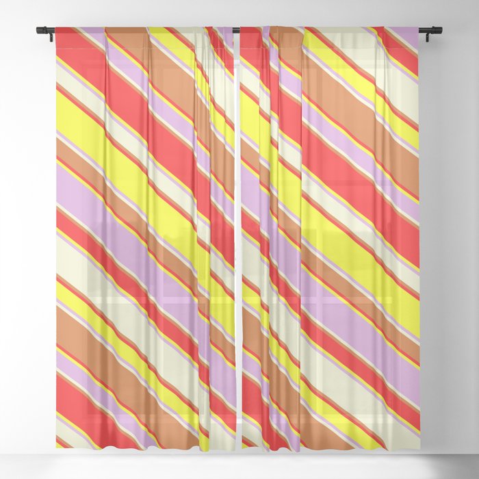 Eyecatching Red, Yellow, Plum, Light Yellow & Chocolate Colored Stripes Pattern Sheer Curtain