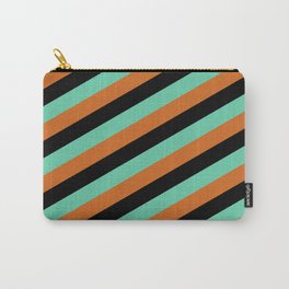 [ Thumbnail: Black, Aquamarine, and Chocolate Colored Pattern of Stripes Carry-All Pouch ]