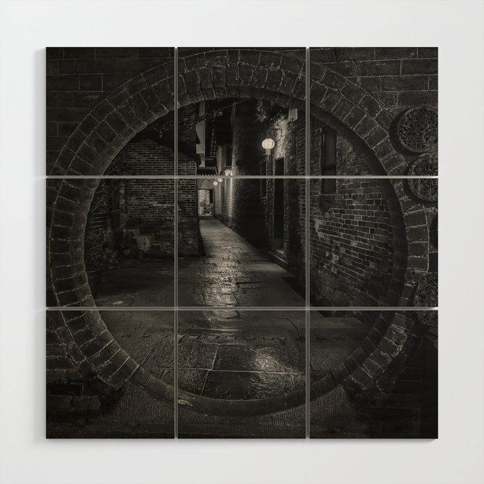 Anicent city moongate cityscape black and white photograph - photography - photographs Wood Wall Art