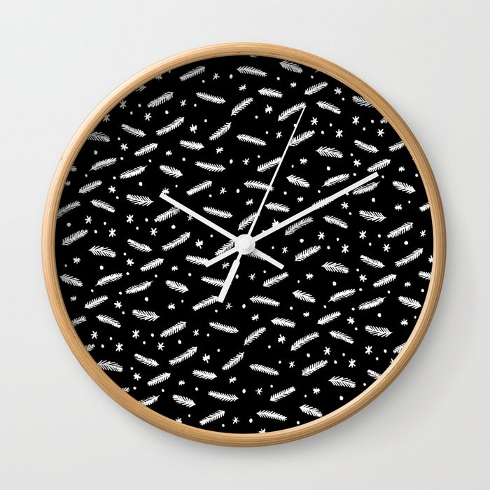 Christmas branches and stars - black and white Wall Clock