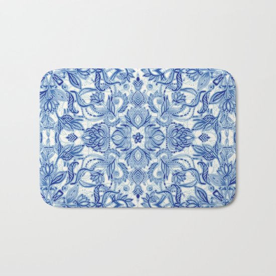 Pattern in Denim Blues on White Bath Mat