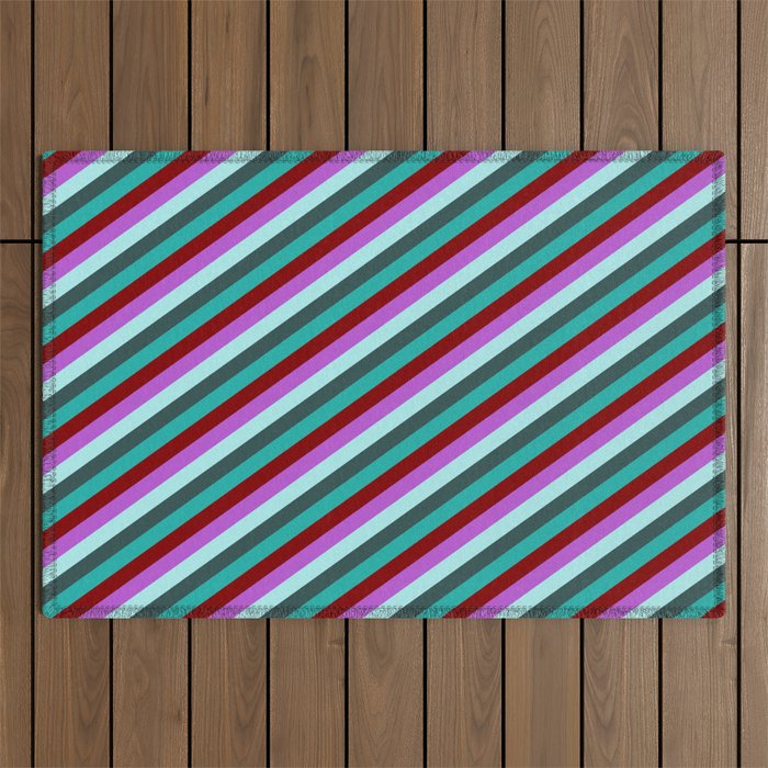Eyecatching Orchid, Turquoise, Dark Slate Gray, Light Sea Green & Maroon Colored Stripes Pattern Outdoor Rug