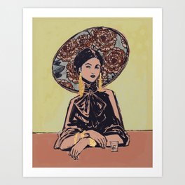 Girl with Floral Hat and Tequila Art Print