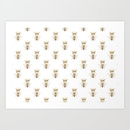 Queen Bee Pattern | Vintage Honey Bees | Gold and White |  Art Print