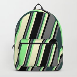 [ Thumbnail: Colorful Grey, Dark Slate Gray, Green, Light Yellow, and Black Colored Striped Pattern Backpack ]
