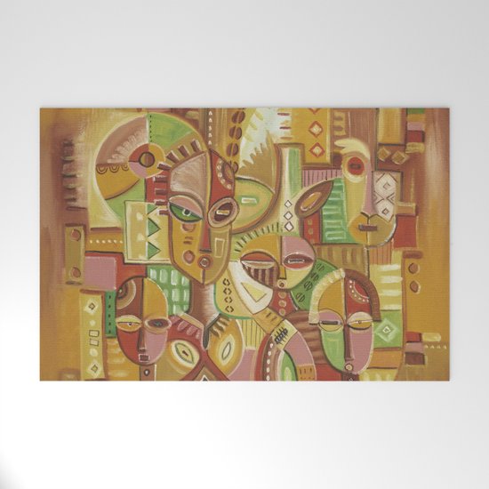 Happy Family Golden Abstract African Painting Welcome Mat By