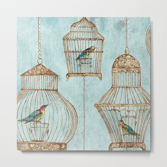 Vintage dream- Exotic colorful birds in cages on aqua background #Society6 Metal Print