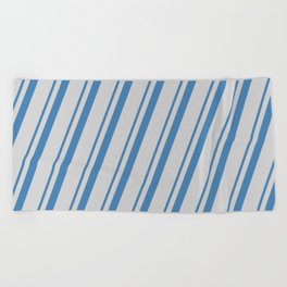 [ Thumbnail: Blue & Light Gray Colored Striped/Lined Pattern Beach Towel ]