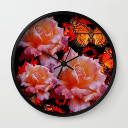 Three Antique Pinkish Roses Monarch Butterflies Art Wall Clock