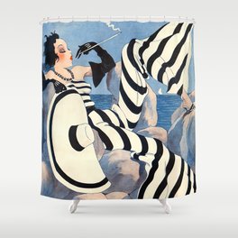 French Art Deco Woman Shower Curtain | Frenchartdeco, Oldfashionedart, Atthebeach, Seaside, Fashionmodel, Highfashion, Artdecowoman, Black And White, Fashionart, Rareart 