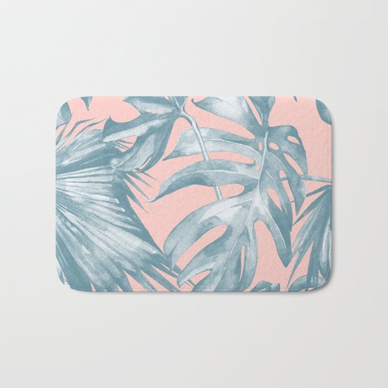 Tropical Leaves Ocean Blue on Coral Pink Bath Mat