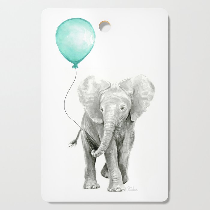 Baby Elephant with Aqua Balloon Cutting Board