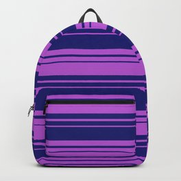 [ Thumbnail: Midnight Blue & Orchid Colored Lined/Striped Pattern Backpack ]