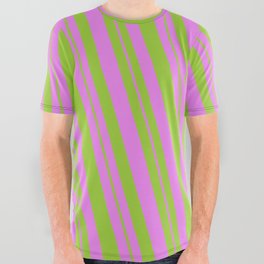 [ Thumbnail: Violet and Green Colored Striped Pattern All Over Graphic Tee ]